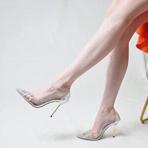 FSJ Silver Metal Heel Studded Pointed Toe Transparent Pumps High Heels Shoes